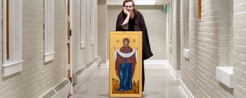 Brother Thomas with an icon of Our Lady of the Holy Land